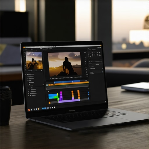 High-Performance ARM Creator Laptop A powerful ARM-based laptop used for professional video editing and design in a studio setting.