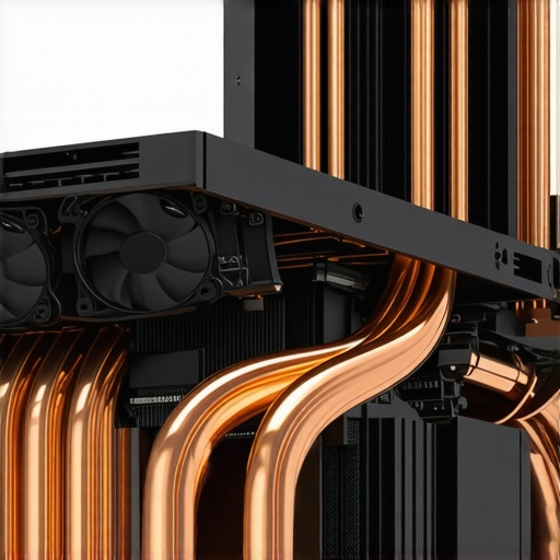 Close-up of laptop copper heat pipes and cooling fans for thermal management.