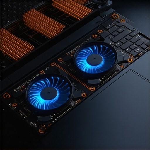 High-Performance Laptop Cooling System Internals Internal view of laptop heat pipes and fans showing thermal management for 4K creators.