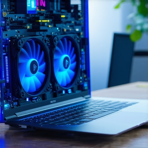 High-Performance Laptop Cooling Systems Close-up of a creator laptop showing thermal management and dual cooling fans for video editing.