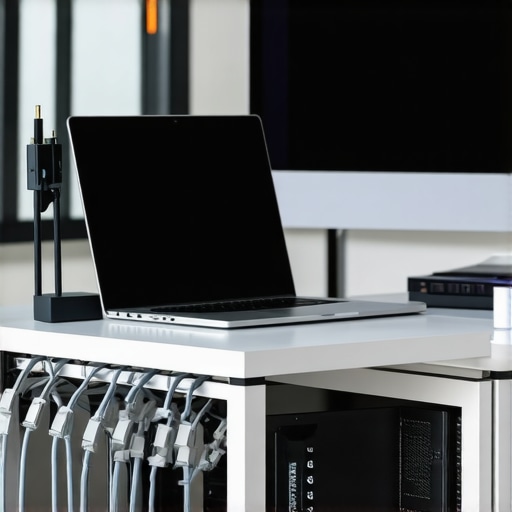 A professional creator laptop on a cooling stand with an external monitor in a designer workspace.