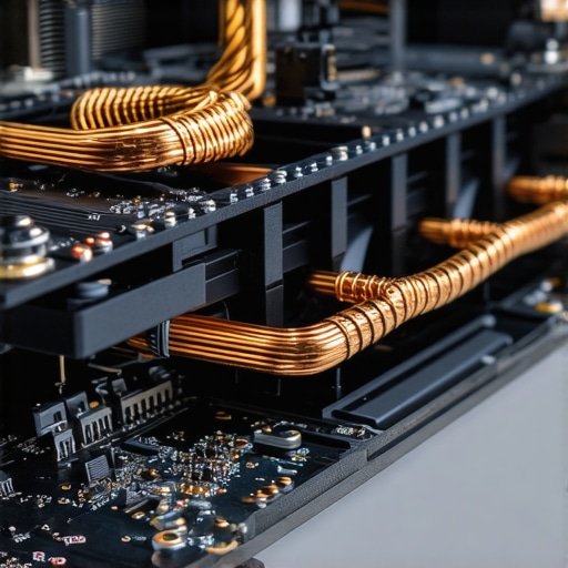 High-Performance Laptop Thermal Management Close-up of laptop copper heat pipes and cooling fans