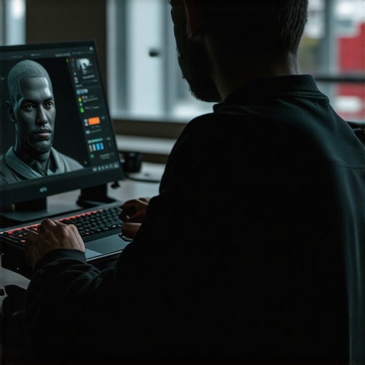 Professional 3D artist sculpting a high-poly character on a powerful creator laptop.