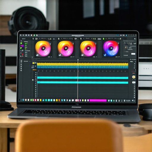 High-Performance Laptop for Video Editing Close-up of a creator laptop showing a complex video editing timeline with dedicated graphics performance.