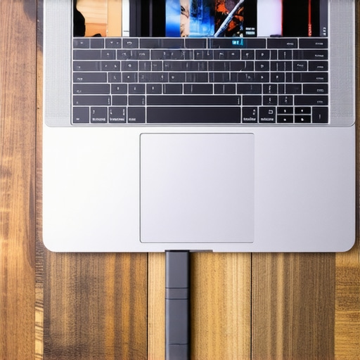 A professional video editing laptop connected to a high-speed external SSD showing a complex Premiere Pro timeline.