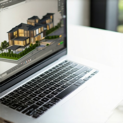 A laptop displaying a detailed 3D architectural model on a modern studio desk.
