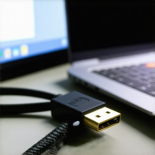 High-quality DisplayPort cable for stable 4K connection Close-up of a braided DisplayPort cable plugged into a creator laptop to fix screen flickering.