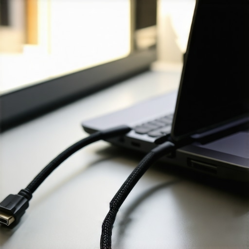 High-quality connection for external monitors Close up of a braided HDMI cable plugged into a creator laptop to fix monitor flickering.