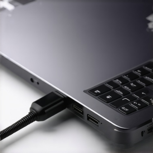 Close-up of Thunderbolt 4 ports on a creator laptop with pro audio cables.