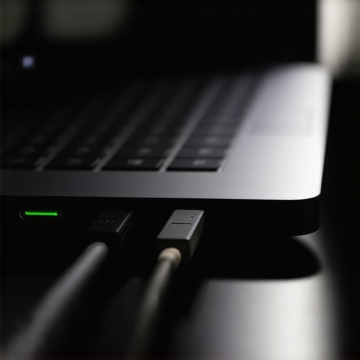 A professional creator laptop setup showing multiple cables connected to high-bandwidth ports for 4K video and audio.