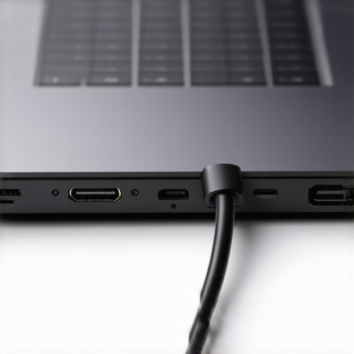 Close-up of laptop video ports showing Thunderbolt and DisplayPort icons next to USB-C ports
