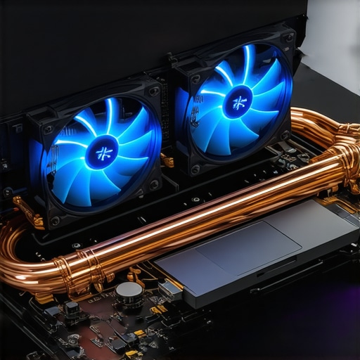 Close-up of dual-fan and heat pipe cooling architecture inside a laptop for video editing.