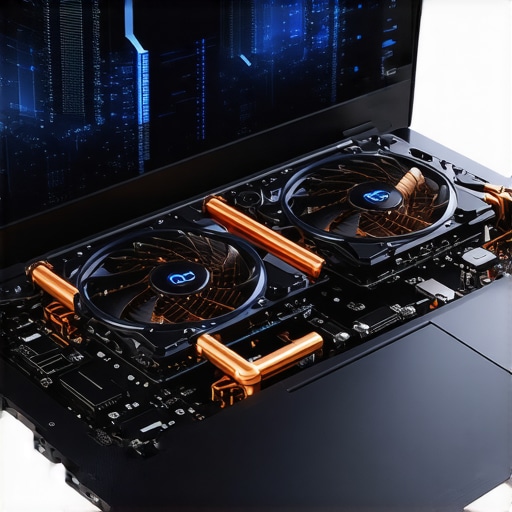Internal Laptop Cooling System for High Performance Close-up of a high-end laptop cooling system with copper pipes and fans