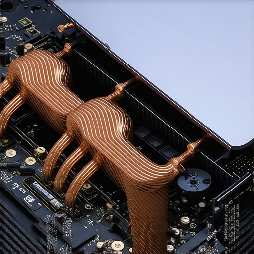 Internal Laptop Cooling and Heat Management System Close-up of a creator laptop's internal cooling system with copper heat pipes and fans.