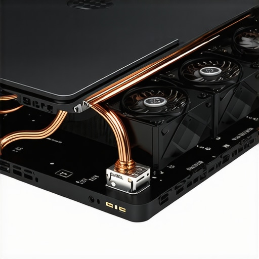 Internal thermal cooling system of a 3D rendering laptop A photo showing the complex copper cooling pipes and fans inside a high-performance workstation.