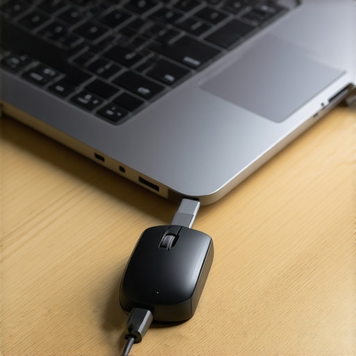 Isolating Wireless Mouse USB Receiver with Extension Cable A USB extension cable connected to a laptop to isolate a wireless mouse receiver from port interference.
