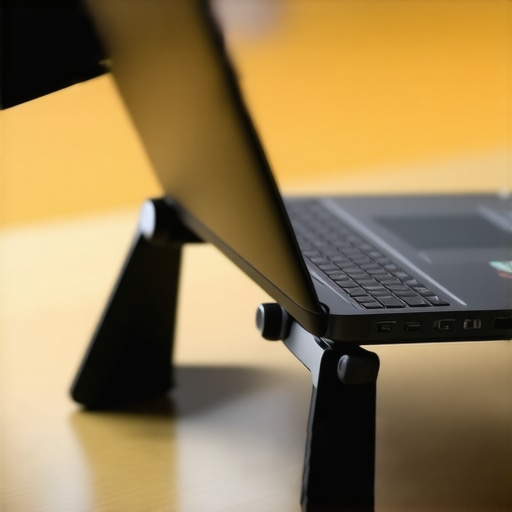 Laptop Elevated on Stand for Better Airflow A modern laptop raised on a sleek metal stand to improve thermal performance and cooling during heavy rendering tasks.