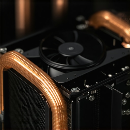Laptop Internal Cooling System Exposed Detailed view of high-performance laptop heat pipes and fans for thermal management.