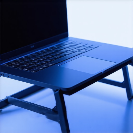 Laptop on cooling stand with clear airflow A high-performance streaming laptop elevated on a mesh cooling stand to improve airflow and reduce fan noise.