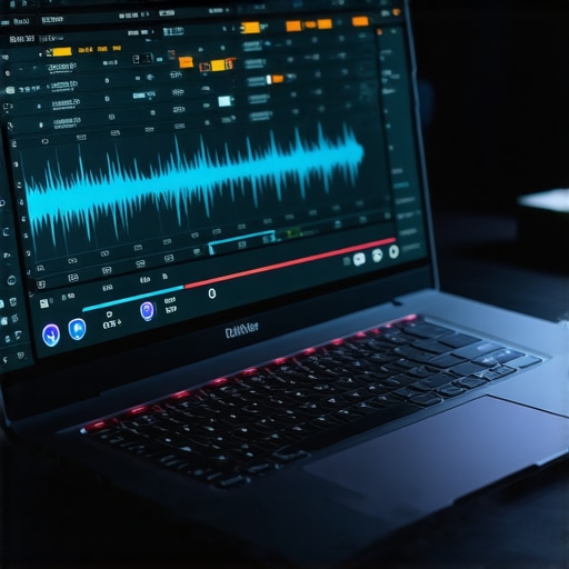 Laptop thermal monitoring in audio studio Sleek creator laptop displaying DAW software and thermal performance graphs