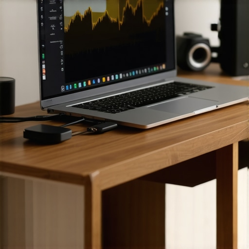 Maintaining Laptop Connection Stability for Audio Production A laptop on a studio desk connected to a stable USB-C audio interface displaying latency diagnostics.