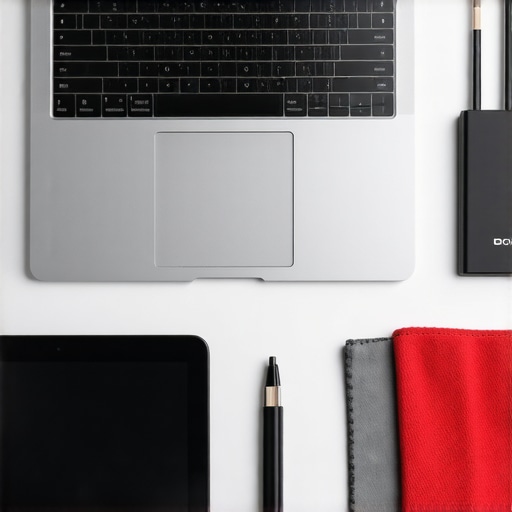 Maintaining a Professional Creative Laptop Workspace Microfiber cloth and audio interface next to a design laptop.