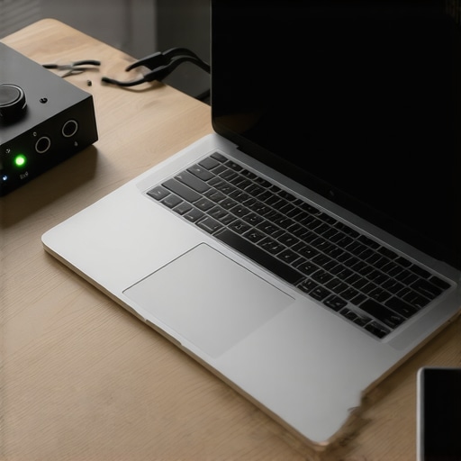 Maintaining a Professional Creator Laptop Setup A well-maintained creator laptop with an external audio interface in a quiet studio