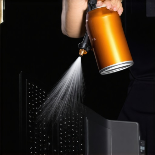 Maintaining a Professional Creator Laptop with Compressed Air A creator cleaning their laptop vents to prevent thermal throttling and maintain performance.