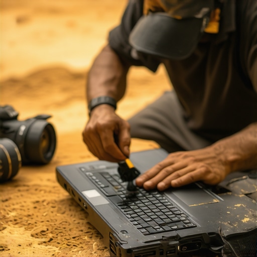 Maintaining a Rugged Creator Laptop in the Field A close-up shot of a creator cleaning the dust-resistant ports of a rugged laptop on location.