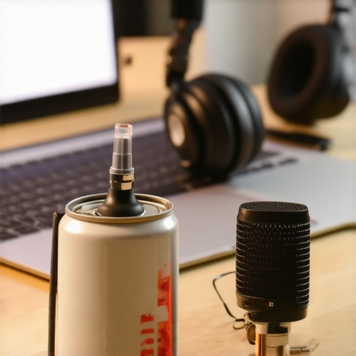 Close up of person using compressed air to clean a laptop vent next to audio gear