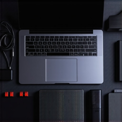 Maintaining a high-performance creative laptop station Professional creator laptop setup with cooling pad and external SSD