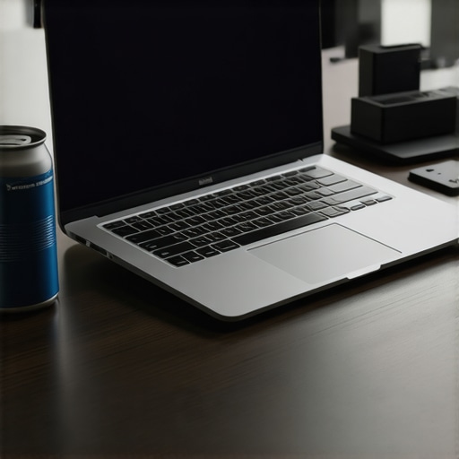 A laptop on a cooling stand with maintenance equipment like compressed air and an SSD.