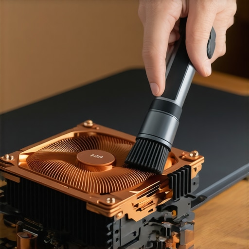 A close-up of a user cleaning dust from a laptop's internal fans to prevent thermal throttling.