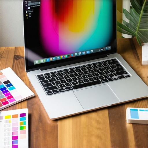 Matching Screen Color to Print Swatches Professional designer comparing laptop screen color accuracy with physical Pantone color swatches.