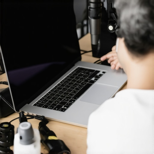 High-end creator laptop with audio peripherals and cleaning tools for professional maintenance.