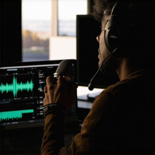 Mobile Podcast Audio Editing Setup A podcaster using a laptop and professional microphone to edit audio in a hotel room.