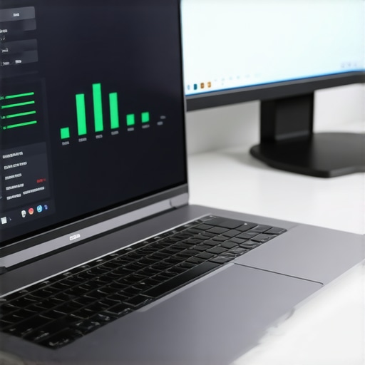 A high-end laptop on a cooling pad with system monitoring software on the screen.