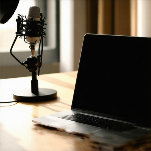 Modern Silent Workstation Setup A quiet professional laptop setup for recording and video editing in a studio