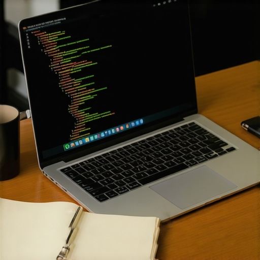 Modern coding workspace for students A laptop on a library desk displaying complex code in a programming environment.