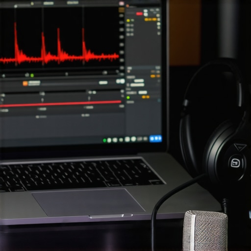 Monitoring DPC Latency Spikes in a DAW A graph showing audio latency spikes on a laptop screen in a studio setting.