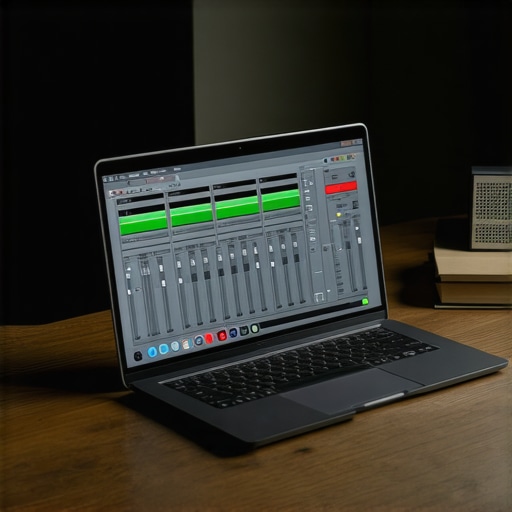 Monitoring DPC Latency on a Creator Laptop Professional audio latency monitoring software displayed on a creator laptop screen in a studio