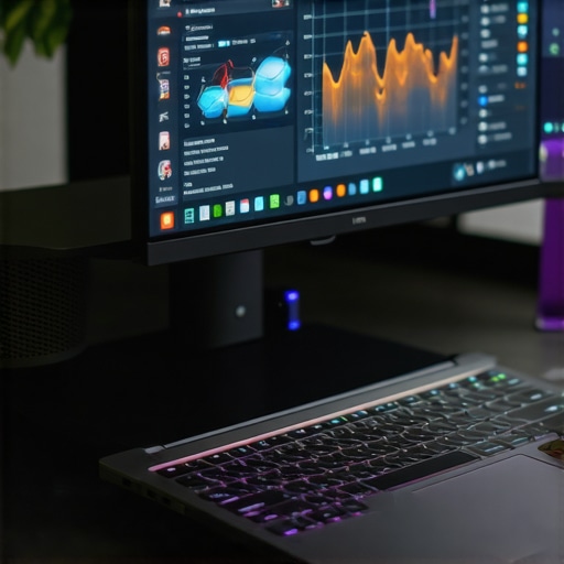 Monitoring Laptop Performance Metrics High-end creator laptop on a cooling stand showing performance monitoring software