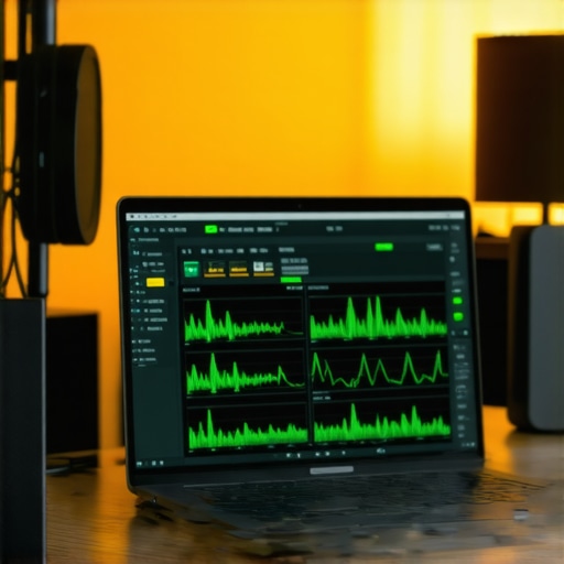 Monitoring Streaming Laptop Network Stability A laptop showing network diagnostic software with green latency graphs on a desk