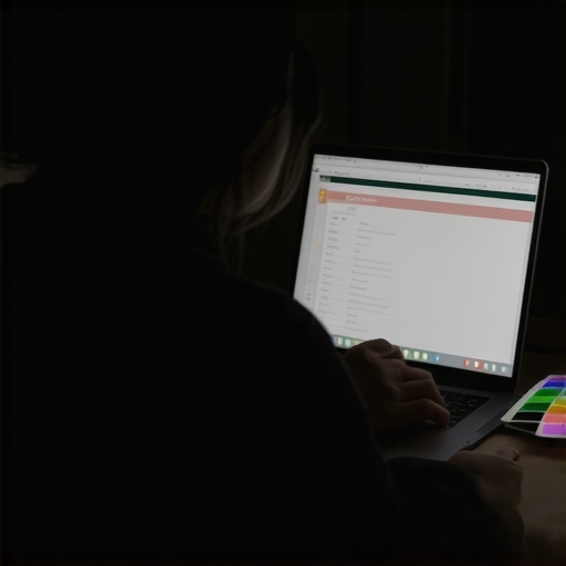 A creator calibrating their laptop screen in a controlled lighting environment.