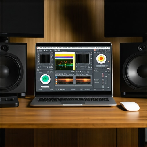 Nuanced Professional Content Creation Setup Advanced content creator workstation showing a laptop with 4K video editing software and color grading tools.