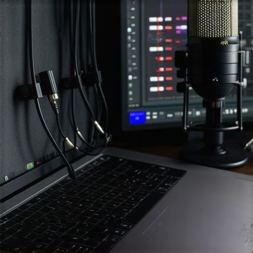 A laptop screen showing audio software peaking while multiple professional peripherals are connected to its side ports.