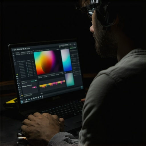 OLED Laptop for Color Grading Professional creator using an OLED laptop for high-end color correction in a studio environment.