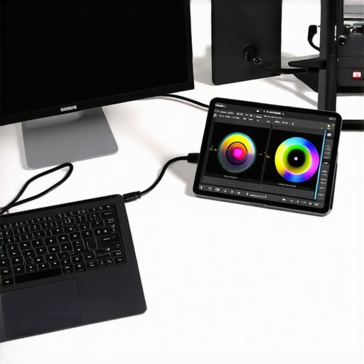 A laptop and tablet connected via cable for a dual-monitor creative workflow.