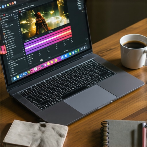 Optimized 14-inch creator laptop for small workspaces A compact 14-inch laptop displaying a video editing timeline on a small desk.