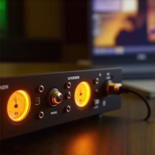 Optimized Audio Interface Connection in Home Studio A high-quality audio interface connected directly to a creator laptop with glowing LED indicator lights.